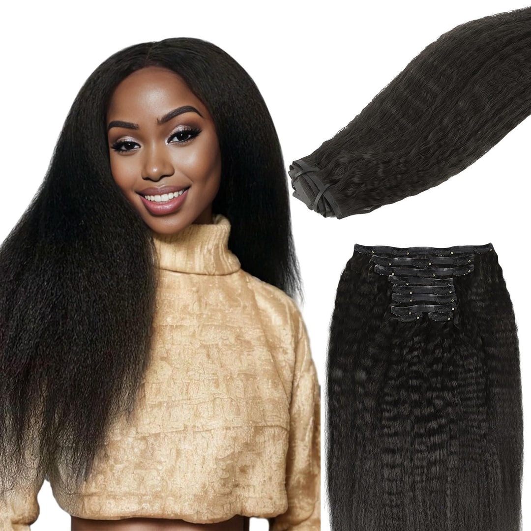 Lashey Clip In Hair Extensions Kinky Straight Seamless Hair Extensions Clip In For Women 9Pcs 130G Natural Black Real Human Hair