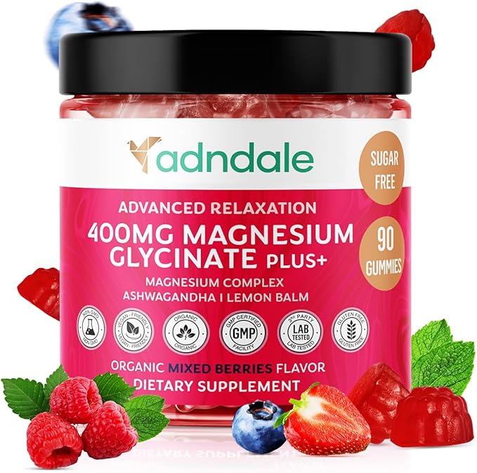 90 CT Magnesium Glycinate Gummies 400 mg/Serv - with Ashwagandha, Magnesium Malate & Taurate - Sugar Free Chews for Adults & Kids Relaxation, Stress Relief, Night Rest, Muscle & Cardio Support