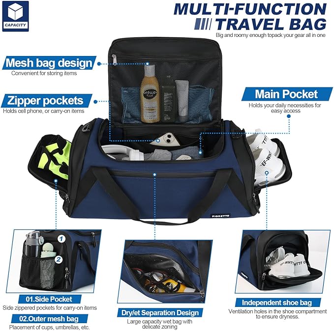 FIORETTO 43L Mens Sports Gym Bag with Wet Pocket & Shoe Compartment, Travel Duffle Bag Overnight Bag with Padded Shoulder Strap, Holdall for Swimming, Basketball, Football Navy