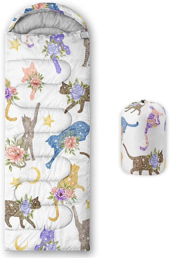AILONEN Kids Floral Cat Camping Sleeping Bags,Lightweight & Waterproof,3 Season Warm & Cool Weather,Kawaii Kitten Sleeping Bags for Girls Adults,Travelling,Outdoors