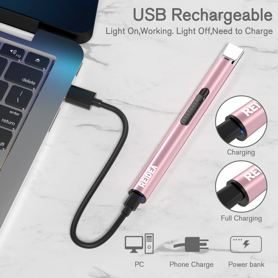 REIDEA Lighter S4 Electronic Candle Lighter USB Rechargeable with Security Lock, Windproof Fast Heat Sinking, Non-Slip Switch Electronic Lighter for Candle, Grill, Camping 2 Pack (Rose Gold + Black)