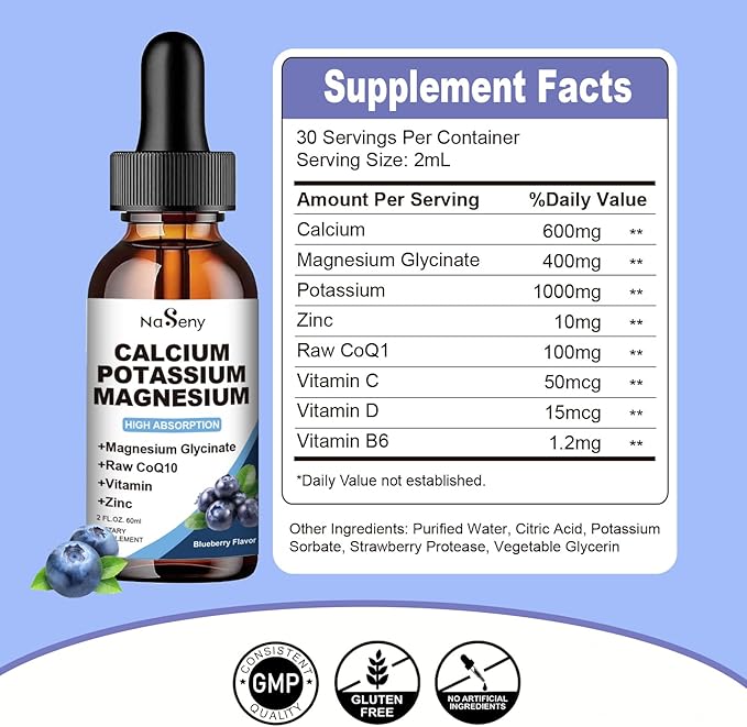 Calcium Potassium Magnesium Drops with Vitamin C,D,B6,400 mgMagnesium Drops for Overall Wellness-600mg Calcium, 1000mg Potassium(60ml)
