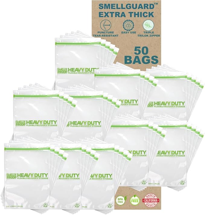 Smelly Proof 50 PACK, Heavy Duty 5mil Thick REUSABLE Food Freezer STORAGE BAGS, Extra X-Large, US-Made, Non-Silicon, No PEVA, BPA FREE, Dishwasher-Safe, Triple Zip, XXL 2-Gallon 12" x 16" - 50 pcs