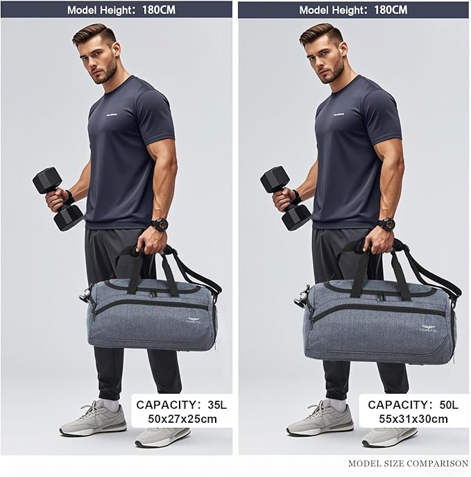 FIORETTO 35L Mens Sports Gym Duffle Bag with Wet Pocket & Shoe Compartment, Overnight Weekender Bag with Padded Shoulder Strap, Ideal for Travel, Gym, Sports, Swimming, Grey
