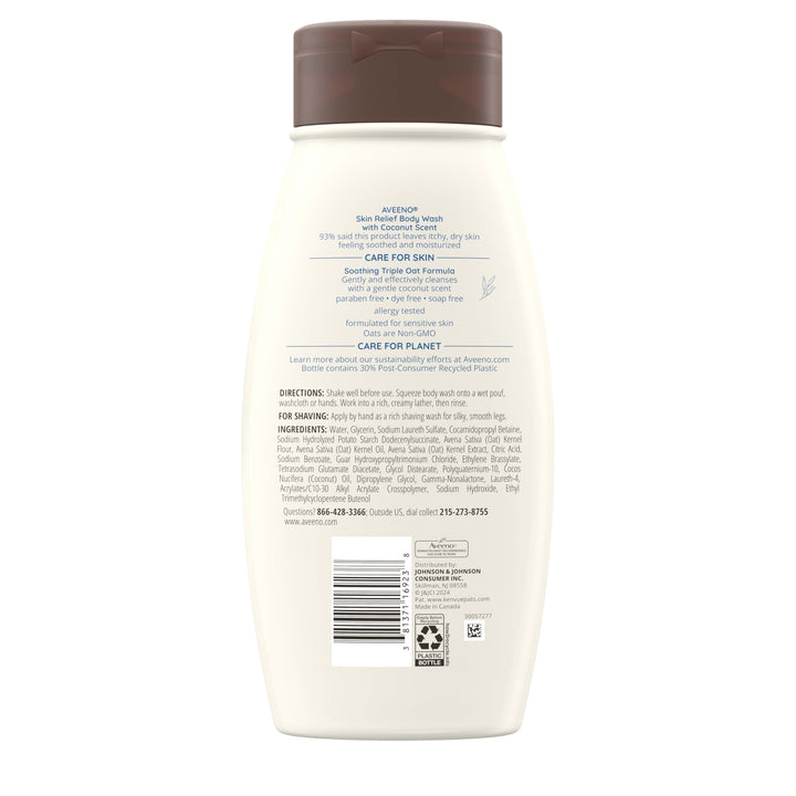 Aveeno Skin Relief Body Wash with a Gentle Coconut Scent & Triple Oat Formula, Daily Cleanser for Sensitive Skin Leaves Itchy, Dry Skin Feeling Soothed & Moisturized, Soap-Free, 18 fl. oz
