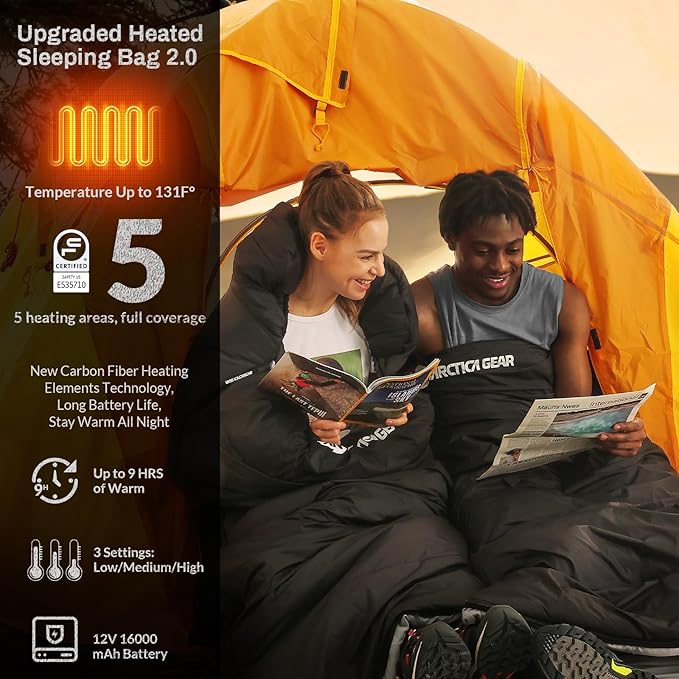 Antarctica Gear Heated Sleeping Bag, 5pcs Heating Areas Sleeping Bags with 16000mAh 12V Battery Pack, 3 Adjustable Heating Levels Cold Weather Sleeping Bag for All Season Hiking & Camping