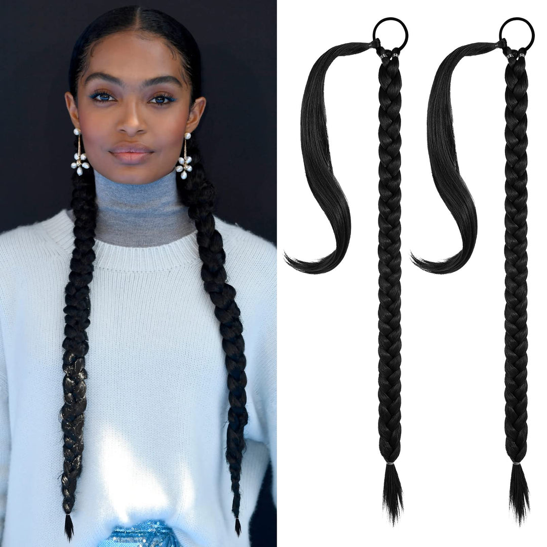 Seikea 2Pcs Long Braid Ponytail Extension With Hair Tie Long Straight Wrap Around Hair Extensions Ponytail Soft Synthetic Hair B