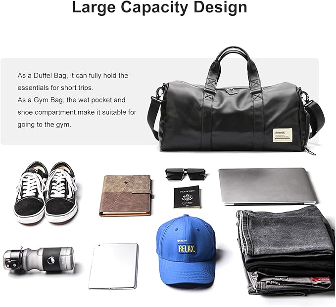 Sports Gym Tote Bag for Men & Women - Travel Duffel with Shoes Compartment & Wet Pocket, Shoulder Weekender Overnight Bag, Black