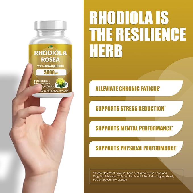 Rhodiola Rosea with Ashwagandha & L-Theanine - Organic Rhodiola Rosea Supplement,Natural Adaptogen for Clarity & Vitality, 120 Capsules