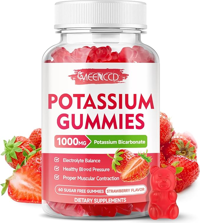 Potassium Gummies 1000mg, Potassium Bicarbonate Supplement for Adults & Kids, Potassium Supplement for Electrolyte Balance & Muscle Heath, Sugar-Free, Strawberry Flavor, 60 Count