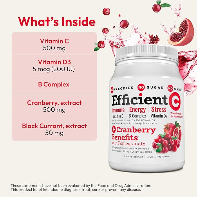 ANDREW LESSMAN Efficient C + Cranberry Benefits 30 Packets - Immune, Energy, Stress and Urinary Tract Support. Reinvention of The Vitamin C Drink. No Calories. No Sugar. No Carbs. Easy to Mix.