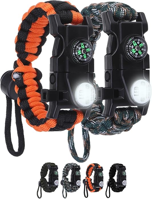 Adjustable Survival Paracord Bracelet, 2 Pack Emergency Fire Starter Kit with Loud Whistle Compass Light Flint Steel for Hiking Fishing Hunting, Tactical Gear Equipment Multitools