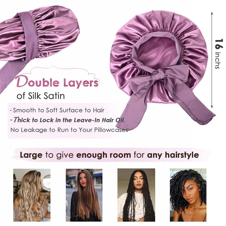 Silk Sleeping Bonnet for Women | Double Layer Satin Lined | Curly Hair, Black