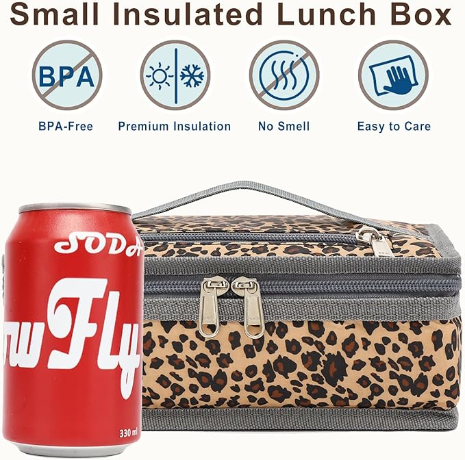 FlowFly Small Insulated Lunch box Portable Soft Bag Mini Cooler Thermal Meal Tote Kit with Handle for Work & School, Leopard