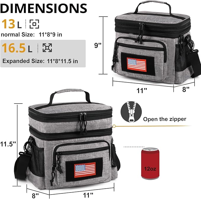 ATRIPACK Lunch Bag for Men, Double Deck Tactical Lunch Box Work with Shoulder Strap MOLLE Webbing Large Lunch Cooler Leakproof Insulated （Grey）