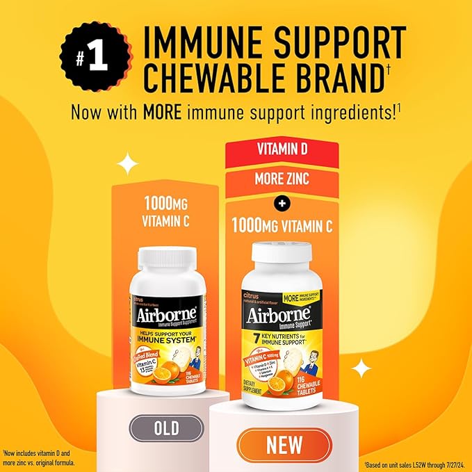 Airborne 1000mg Vitamin C + Zinc Immune Support Supplement Chewable Tablets, Citrus Flavor with Powerful Antioxidants Vitamins A C & E, 116 Chewable Tablets (2 Pack)