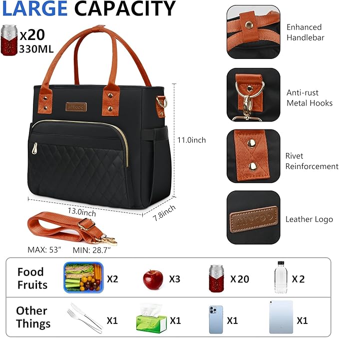 Lunch Bag Lunch Box Women - Leakproof Insulated Lunch Cooler Bag for Women - Large Lunch Tote Bags Adults, Black Orange