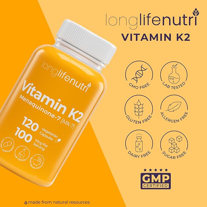 Vitamin K2 MK-7 100mcg – Nutrient Support for Bones and Circulation, 120 Vegetarian Capsules, 4-Month Supply, Lab Tested, Made in The USA, Non-GMO