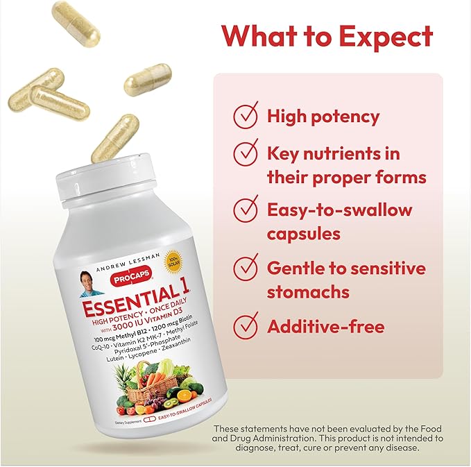ANDREW LESSMAN Essential-1 Multivitamin 3000 IU Vitamin D3 180 Small Capsules - 100 mcg Methyl B12. CoQ10 Lutein Lycopene Zeaxanthin. High Potency. No Additives. Ultra-Mild. One Daily Capsule