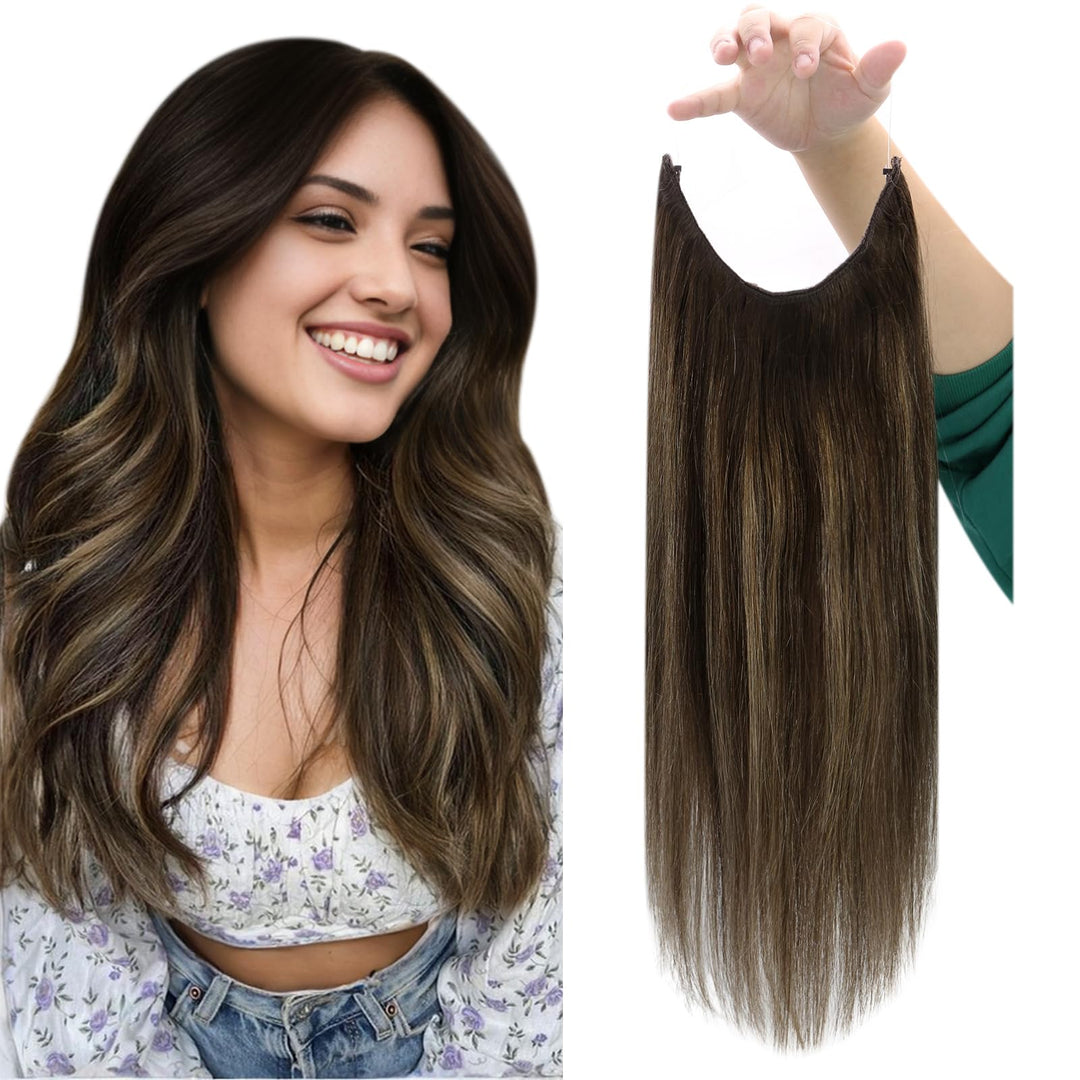 Fshine Wire Hair Extensions Real Human Hair Brown Ombre Hidden Wire Human Hair Extensions Straight Darkest Brown Balayage Light