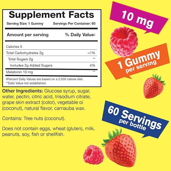 Melatonin 10mg Gummies - 2 Month Supply - Natural Sourced Flavor, Drug-Free Gummy Supplement - Gluten and Gelatin Free, Vegetarian - 60 Gummies