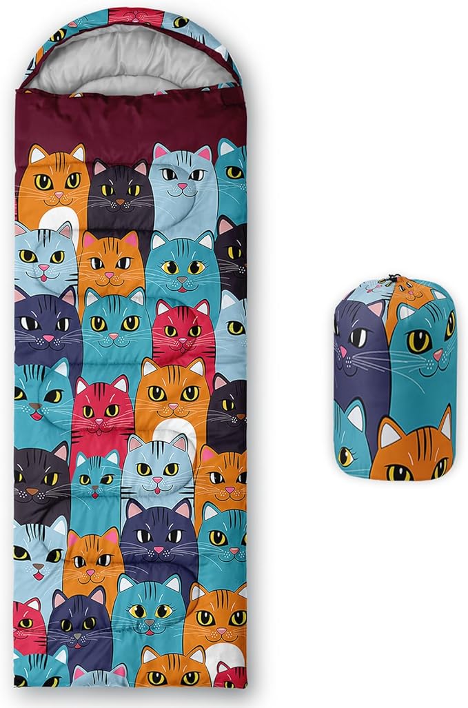 Axolotl Colorful Cats 3 Season Sleeping Bag for Kids, Girls, Teens - Warm and Cool Weather Pet Animal Theme, Waterproof Lightweight for Traveling, Outdoors Camping Equipment