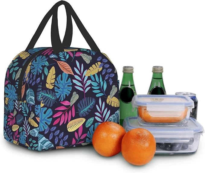 Imiss Blue Tropical Leaves Insulated Lunch Bag for Woman Man Adults， Hawaii Hawaiian Plants Reusable Cooler Lightweight Lunch Cooler Bag with Front Pocket for Picnic Work Office
