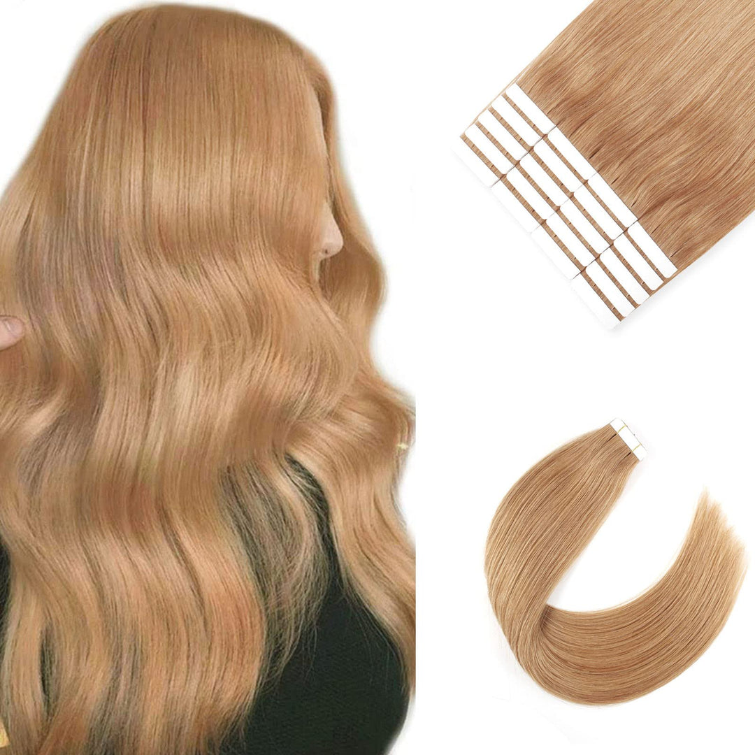 Sixstarhair Strawberry Blonde Tape in Hair Extensions 20 Pieces Remy Human Hair Extensions Double Side Tape Attached Invisible Hair Extensions [Color 27 Strawberry Blonde 18inch]