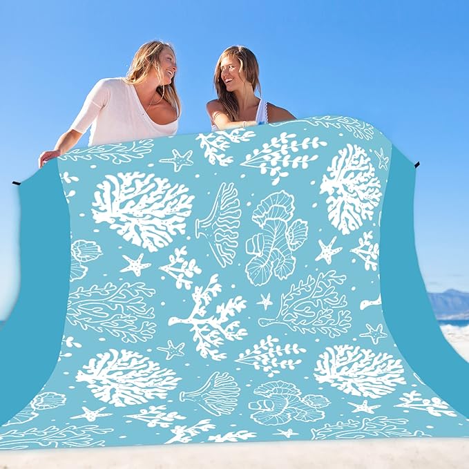 Beach Blanket Sandproof Extra Large Beach Mat Adults Waterproof Quick Drying Sand Free Mat Made by Premium Polyester with 4 Stakes & 4 Corner Pockets for Outdoor Travel Camping Hiking
