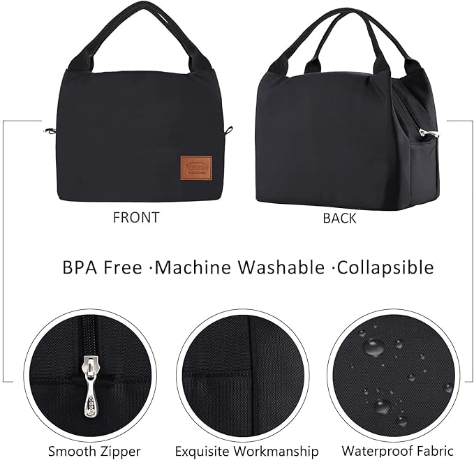Aosbos Black Lunch Bag Women Insulated Lunch Bags for Adult Lunch Box for Women Lunchbox Lunch Tote Bento Box Cooler Bag for Work Office Picnic