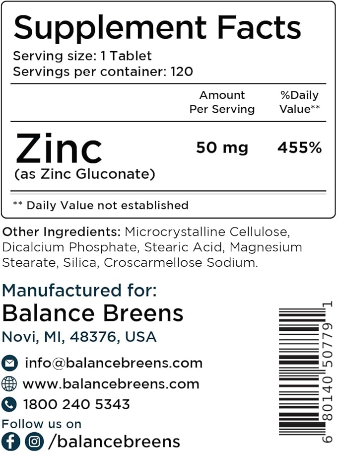 Zinc 50mg, 120 Vegetarian Tablets - Immune Support, Promotes Skin Health & Wound Healing, Extra Strength, Ultra-Absorbable