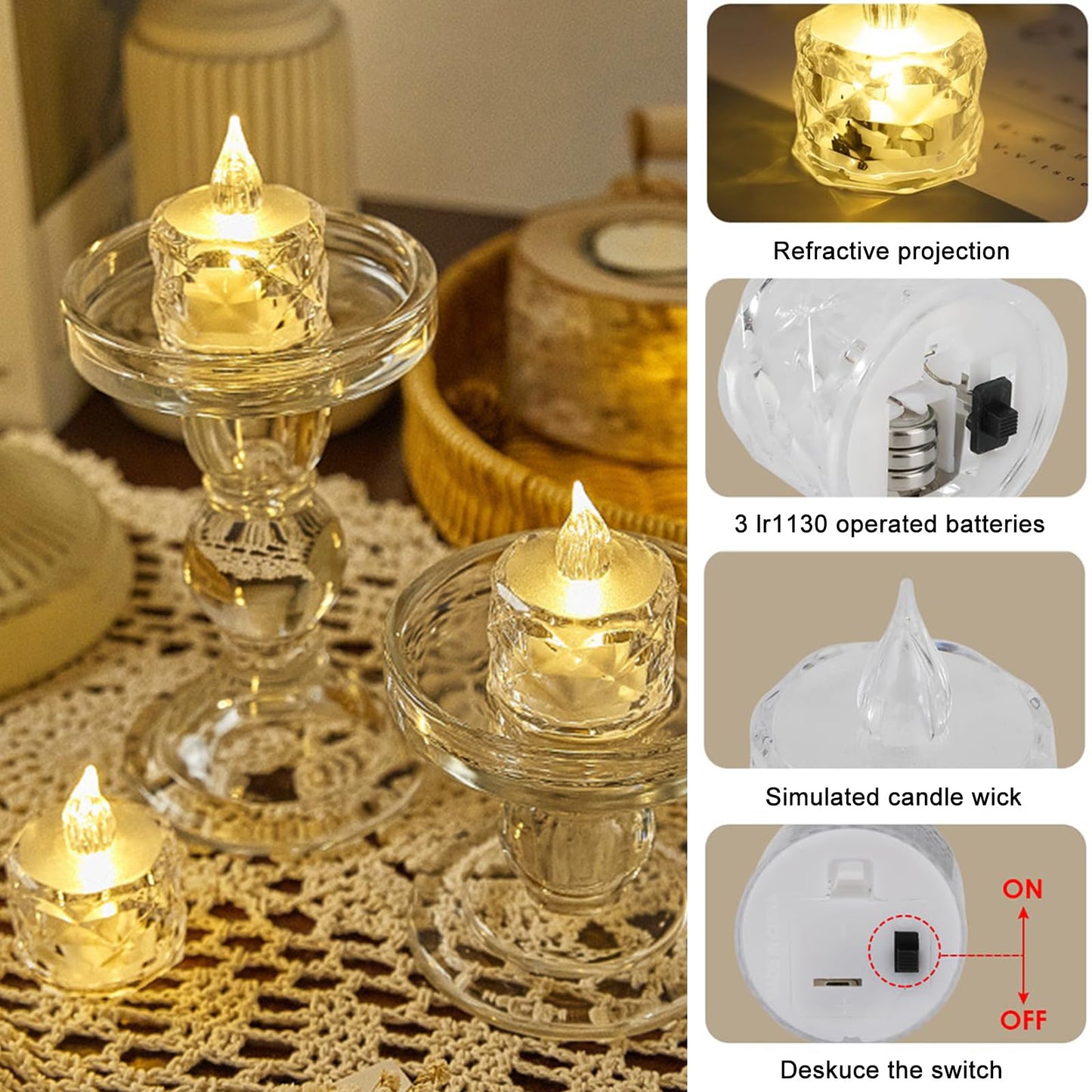24 Pcs LED Tea Light Candles, Transparent Rhombus Crystal Warm Lights, Battery Operated Fake Candles Light, Battery Tea Lights Non Flickering for Votive Party Wedding Birthday Home Decoration