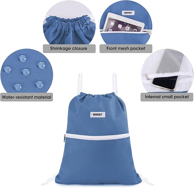 WANDF Drawstring Backpack String Bag Sackpack Cinch Water Resistant Nylon for Sport Yoga Gym Shopping (Dark Blue)