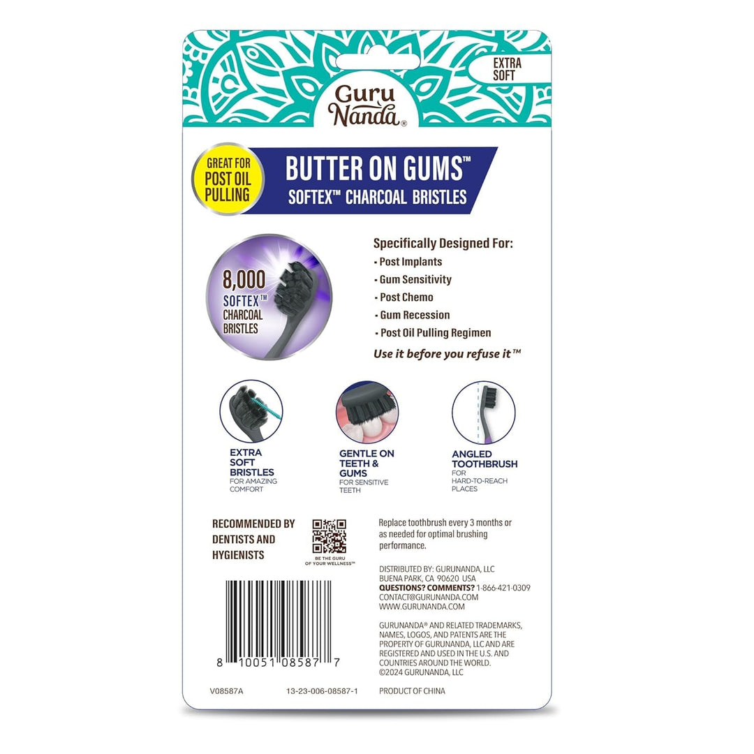 GuruNanda Butter on Gums Charcoal Toothbrush - 8000+ SoftexTM Bristles for Sensitive Teeth & Gums, Aids in Teeth Whitening, Extra Soft (6 Count)