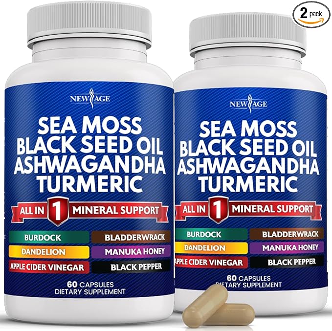 NEW AGE Sea Moss Capsules Black Seed Oil Ashwagandha Turmeric Bladderwrack Burdock - with Manuka, Honey Dandelion, ACV Black Pepper Gluten Free