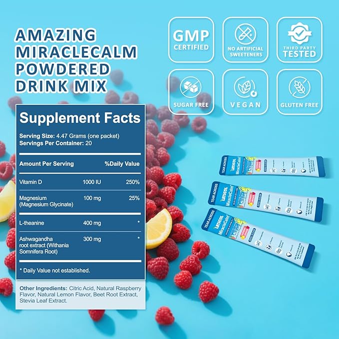MiracleCalm Drink Mix Powder, Calm Magnesium Calcium Supplement, Cortisol Drink Powdered for Sleep, Relaxed & Focus with Easily Absorbed L-Theanine, Vitamin D3, Ashwagandha, Sugar Free
