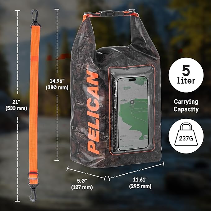 Pelican Marine IP68 Waterproof Dry Bag 5L - Roll Top Waterproof Backpack w/Phone Case/Pouch - Boating & Kayak Accessories - Essentials for Camping Swimming Beach Fishing Rafting Travel - Hunter Camo