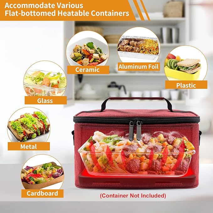 Aotto Portable Electric Lunch Box Food Heater - 110V Portable Oven and Food Warmer, Heated Lunch Box for Adults, Cook, Reheat, and Keep Meals Warm for Travel, Office, and Home - Red