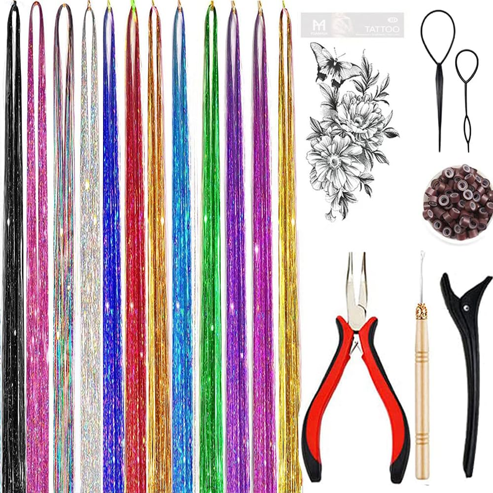 Amchoice Hair Tinsel Kit With Tools 12 Colors 3000 Strands Fairy Hair Tinsel Heat Resistant Sparkling Shiny Tinsel Hair Extensio