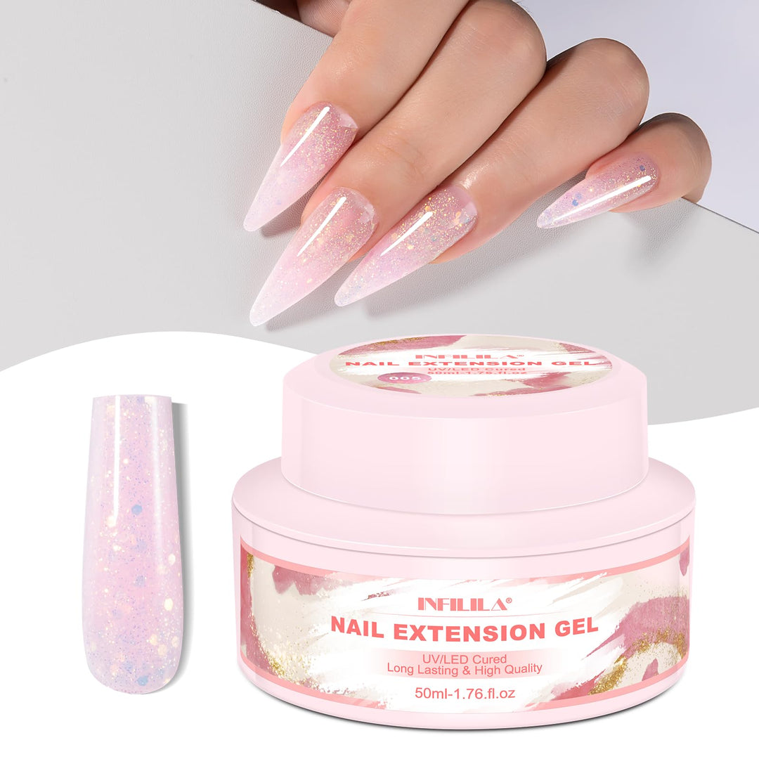 NXJ INFILILA Glitter Poly Nail Gel, Baby Pink Colors Poly Extension Gel Nail Enhancement, Thickening Glossy Builder Home DIY Salon Use for Girls UV/LED Nail Lamp Required P05