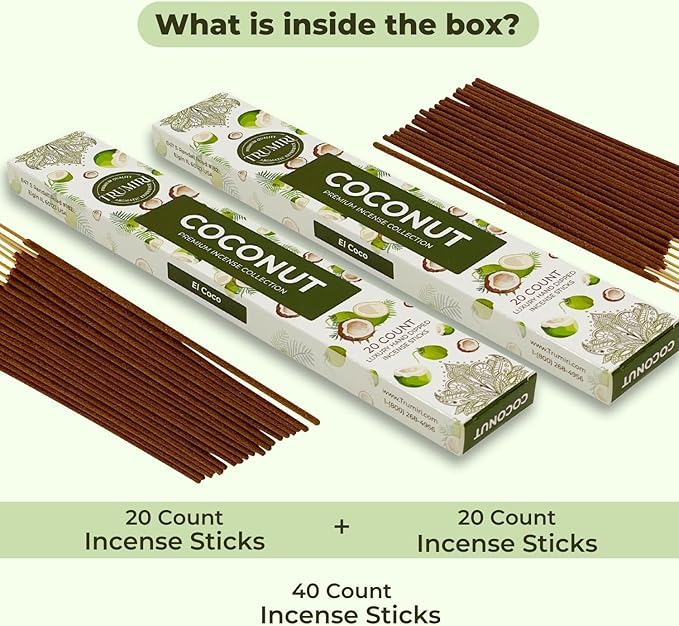 Coconut Incense Sticks - Incienso de Coco - Total 40 Insence-Sticks - Dual Pack of 20 Insense - Inciensos - Inscents - Natural Non Toxic Ingredients - Incents - Incence - Inscense - Insents