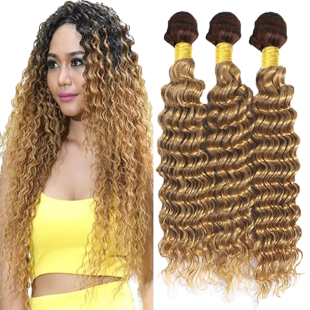 Ombre Human Hair Bundles T4/27 Blonde Deep Wave Bundles Human Hair 8 10 12 Inch Two Tone Brown And Blonde Bundles 8A Grade Honey Blonde Deep Wave Bundles Human Hair For Women