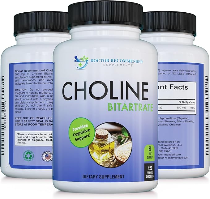 Premium Choline - 500 mg - 120 Veggie Capsules - by DOCTOR RECOMMENDED SUPPLEMENTS - Supports Cognitive Health, Memory & More