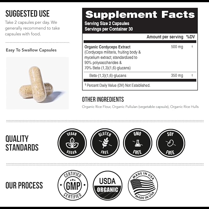 Organic Cordyceps Mushroom Extract - 70% Beta Glucans - Highest Active Nutrient Levels, Max Potency Cordyceps Capsules, US Grown + Ultrasonic Extraction - Performance, Immunity & Energy - 60 Capsules