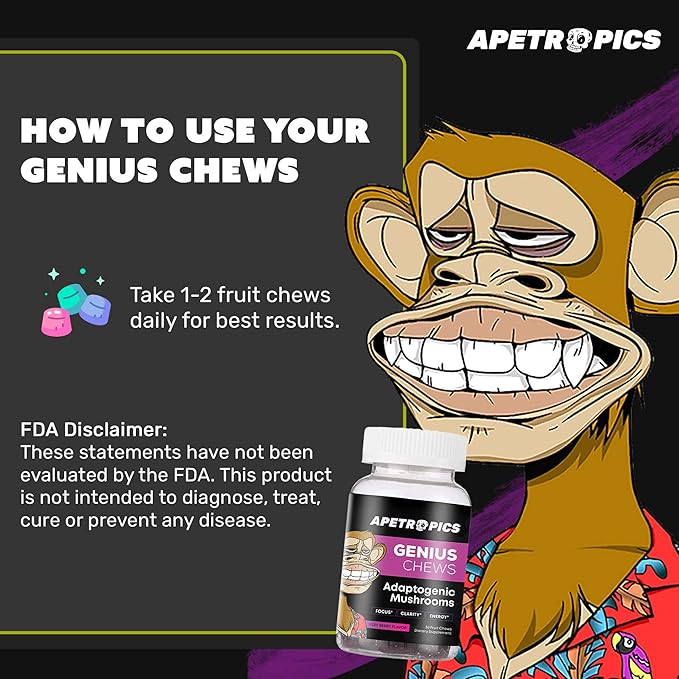Apetropics Genius Chews - Brain Gummies with Lion’s Mane, Cordyceps, Reishi, and Turkey Tail Mushroom - Immune Support and Nootropic Brain Supplement - Very Berry Flavor - 30 Fruit Chews