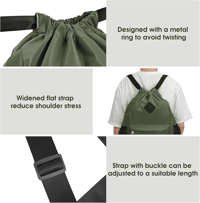 WANDF Drawstring Backpack Sports Gym Bag with Shoes Compartment, Water-Resistant String Backpack Cinch for Women Men (Large,Dark green)