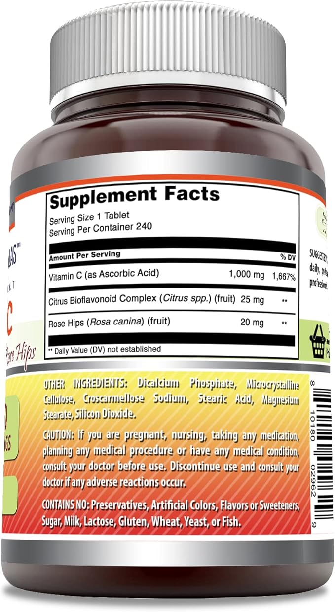 Amazing Formulas Vitamin C with Rose HIPS and Citrus Bioflavonoids | 240 Tablets Supplement | Non-GMO | Gluten Free | Made in USA