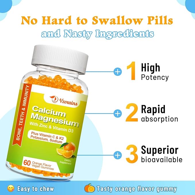 High Absorption Calcium Gummies, Sugar Free Calcium Magnesium Supplement with Potassium Vitamin D3 for Men and Women - Vegan, Orange Flavor 120 Cts