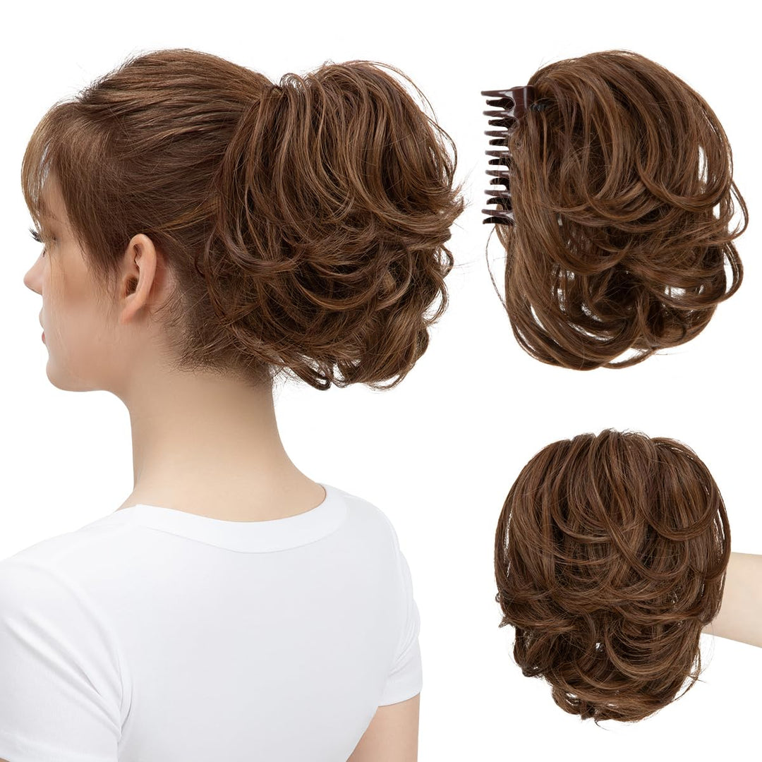 youngways Claw Clip Short Ponytail Messy Bun Hair Piece Bendable Hair Branch Extensions Fluffy Wavy Curly Synthetic Versatile Chocolate Multi Hairpieces