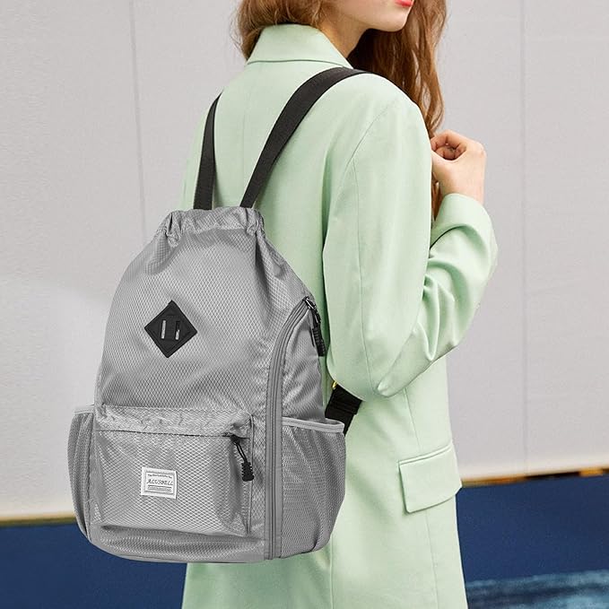 ALUSBELL Large Drawstring Backpack Bag, Sports Gym Bag String Sackpack with Shoes Compartment, Waterproof String Bag Cinch for Women Men(Gray)
